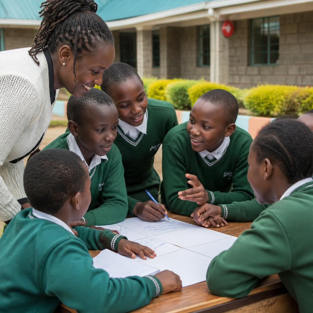 Learners and a teacher working through a group activity in the school compound