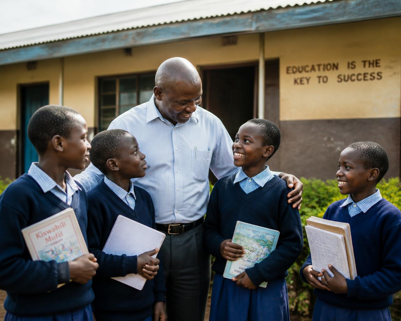 A teacher encouraging learners holding their books outside the school